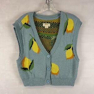Maeve Anthropologie Lemon Knit Sweater Vest Blue Yellow Sleeveless Size Small